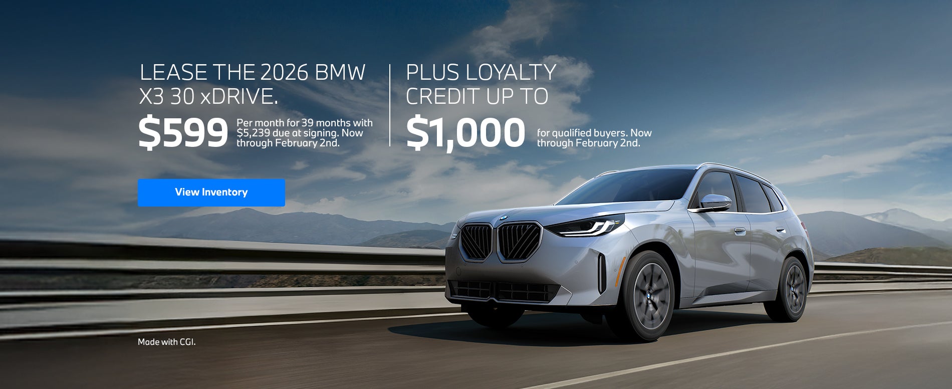 2026 X3 lease starting at $599 per month for 39 months